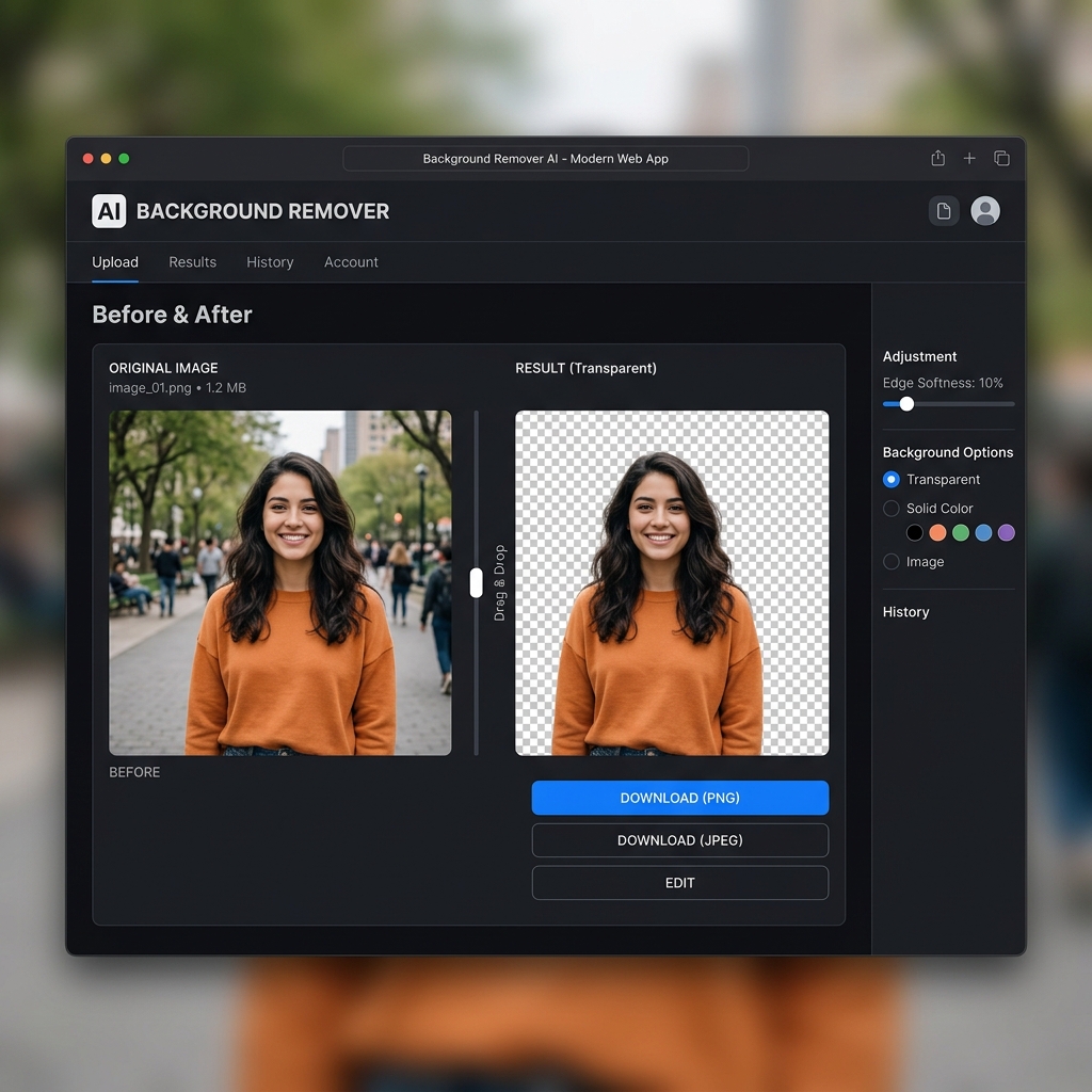 AlteredIdea's background remover tool interface showing a before and after comparison of a photo with the background removed.
